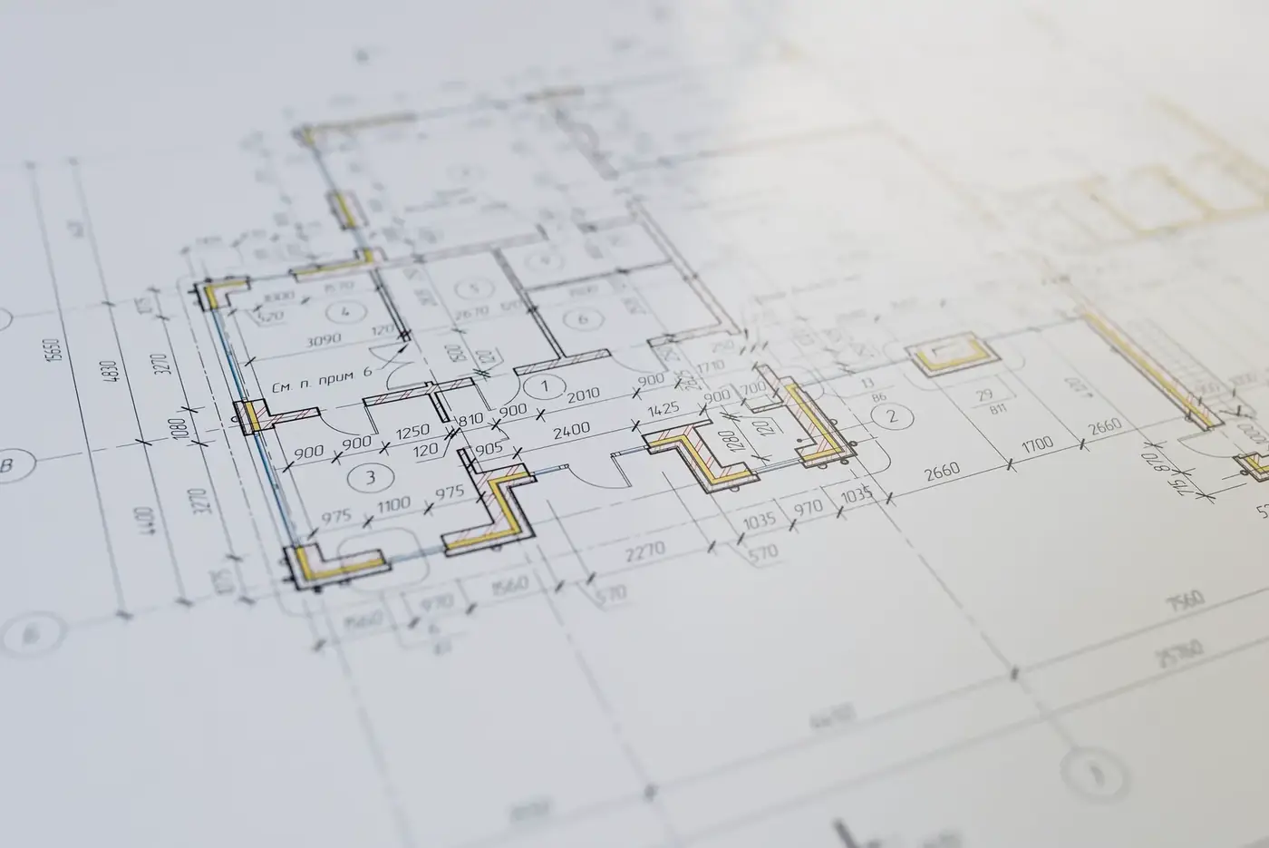 A close-up of an architectural floor plan drawing